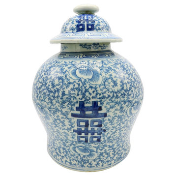 Blue and White Porcelain Double Happiness Chinoiserie Lidded Temple Jar 12"