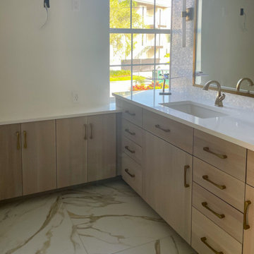 White Oak Bathroom Vanity with Matching Wood Wall