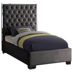 Meridian Furniture - Lexi Velvet Bed, Gray, Twin - Make the Lexi grey velvet bed part of your dream bedroom setup. This bed has all of the bells and whistles you want, including a super tall headboard that stands nearly five-feet tall. The bed is covered in grey velvet fabric for a luxe look, and it's deeply tufted for added luxuriousness. The headboard is soft and welcoming against your back and head as you read or watch TV in bed, and the bed rests on chrome legs for dependable sturdiness and durability. Use it without a box spring or foundation, since the slats are included.