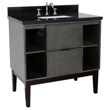 37" Single Vanity, Linen Gray Finish With Black Galaxy Top And Rectangle Sink