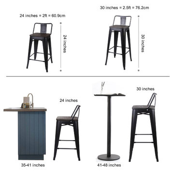 Black Low Back Metal Barstools With Wooden Seat, Set of 3