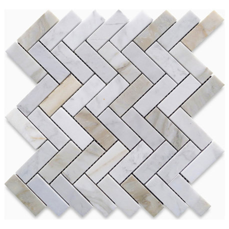 Calacatta Gold Calcutta Marble 1x3 Herringbone Mosaic Tile Honed, 1 sheet