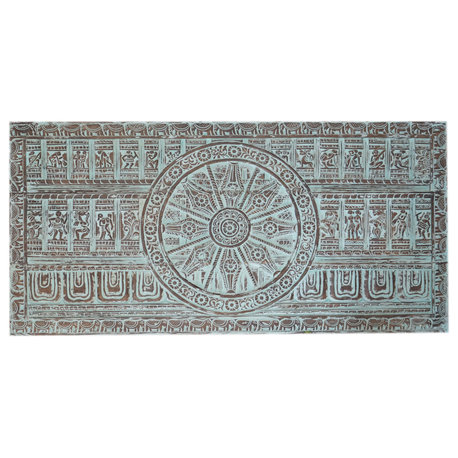 Consigned Vintage Carved Queen Headboard Wood Sun Temple Wall Sculpture 72