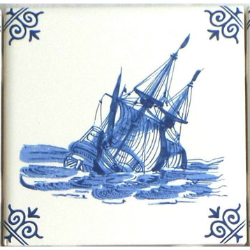 Nine Assorted Ship Blue Delft Design Ceramic Tile Blue 4.25" x 4.25 Set of 9
