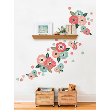 Kids Flower Vinyl Wall Sticker, Chic Coral and Mint Blooms