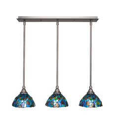 3-Light Mini Pendant, Brushed Nickel, 7" Blue Mosaic Art Glass