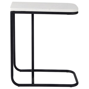 Kyra 12Lx20Wx23H White Marble Top With Black Iron Frame C-Shaped Side Table