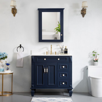 Bathroom Vanity Set with Quartz Top, cUPC Certified Sink, 36" Bath Vanity and 24" Mirror Cabinet in Navy Blue