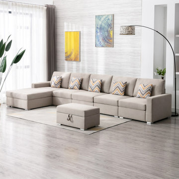 Nolan 152" Linen 6Pc Reversible Sectional Sofa Chaise with Interchangeable Legs,