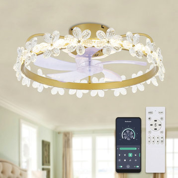 Gold Garland Flush Mount Ceiling Fan with LED Dimmable Light and Remote Control