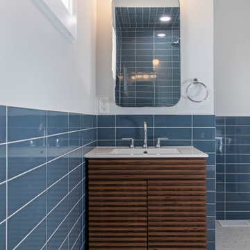 Mid-Century Modern Blue Primary Bathroom Remodeling
