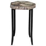 Uttermost - Stiles Accent Table - This rustic modern accent table features a suar wood cross-cut section with natural live edge details and a rich petrified finish, on tapered metal legs finished in aged iron.