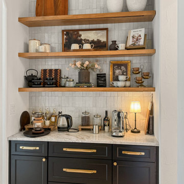 Modern Beverage Station with Vertical Stacked Zellige Tile Backsplash and White