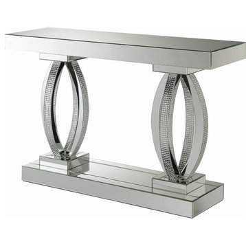 Modern Console Table, C Shaped Supports With Mirrored Top & Bottom Shelf, Silver