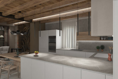 Esempio di una grande cucina moderna con lavello a vasca singola, ante lisce, ante bianche, top in laminato, paraspruzzi grigio, elettrodomestici in acciaio inossidabile, penisola, top grigio e travi a vista