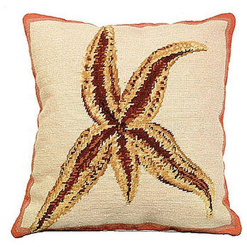 Throw Pillow Needlepoint Sea Star Ocean 18x18 Flesh Beige Cotton