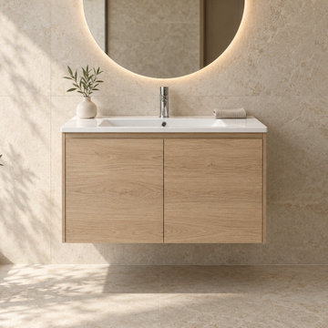 JV-C02 | 60 cm Oak-effect Floating Vanity & LED Mirror