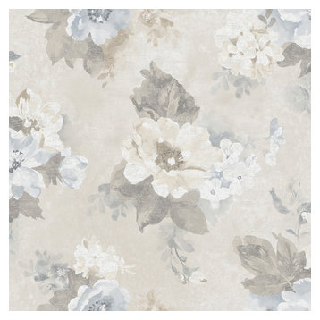 Raised Ink Floral Wallpaper, Blue and Taupe