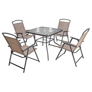 5 Pieces Patio Set, Square Glass Top & Foldable Chairs With Metal Frame, Beige