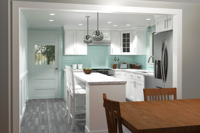 Country l-shaped eat-in kitchen photo in Boston with shaker cabinets, white cabinets, green backsplash, stainless steel appliances and an island