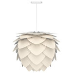UMAGE - Aluvia Hardwired Pendant, Pearl/White, Medium - Modern. Elegant. Striking. The VITA Aluvia is an artistic assemblage of 60 precision-cut aluminum leaves, overlapping each other on a durable polycarbonate frame. These metal leaves surround the light source, emitting glare-free, ambient light.  The underside of each leaf is painted white for increased light reflection, and the exterior is finished in one of two different colors: subtle Pearl or dramatic Anthracite. Available in two sizes, the Medium (18.9"H x 23.3"W) can be used as a pendant or hanging wall lamp, while the Mini (11.8"H x 15.7"W) is available as a pendant, table lamp, floor lamp or hanging wall lamp. Hang it over the dining table, position it in a corner, or use as a statement piece anywhere; the Aluvia makes an artistic impact in any room.
