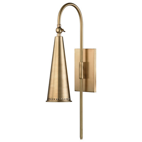 Alva 1 Light Gooseneck Wall Sconce, Aged Brass Finish, Aged Brass Spun Metal