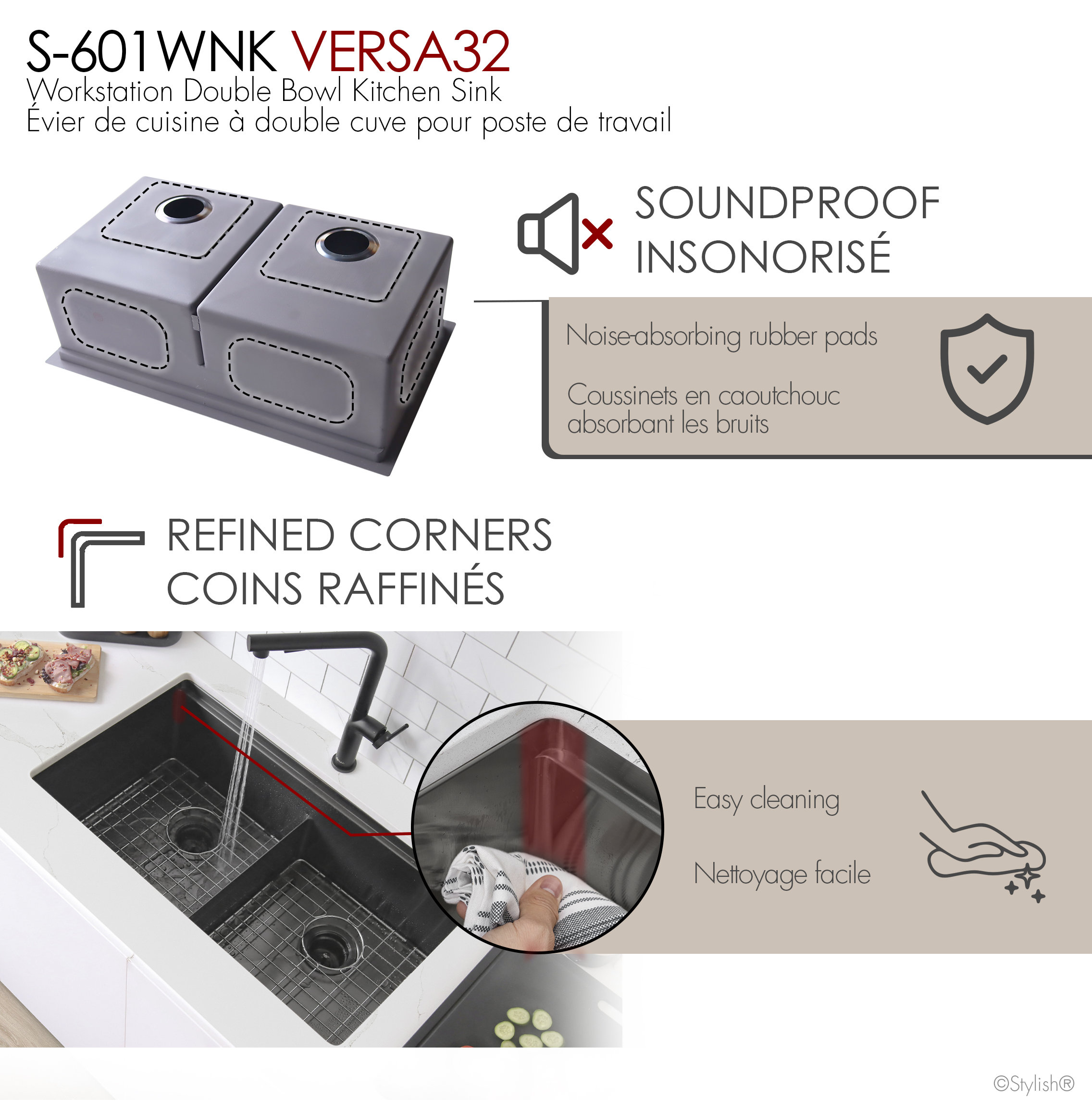 STYLISH 32 in Workstation Double Bowl Undermount Kitchen Sink with Accessories, Graphite