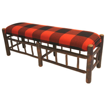 5' Hickory Bench Upholstered W/Black & Red Wool Buffalo Check