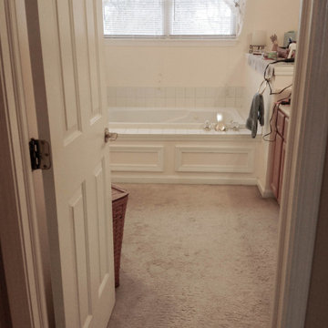 Warm Gray Vanity with Maple Truffle Accent Linen Cabinet and Tiled Shower