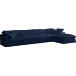 Meridian Furniture - Cozy Velvet Upholstered Comfort L-Shaped Modular Sectional, Navy, 5-Piece: 2 Armless Chair, 2 Corner Chair, 1 Ottoman - Bring home this Cozy 5-piece sectional for a fresh new look. Embrace casual elegance with this Cozy velvet cloud-like comfort modular fiber-filled seating option. Handsome from all angles, this piece features soft navy velvet upholstery to make it an easy fit in any room. This modular piece can be combined with other items in the Cozy collection to create a seating group of your dreams. The cushions on this piece are exceptionally comfortableand filled with fiber for luxury that you deserve as you rest and relax.