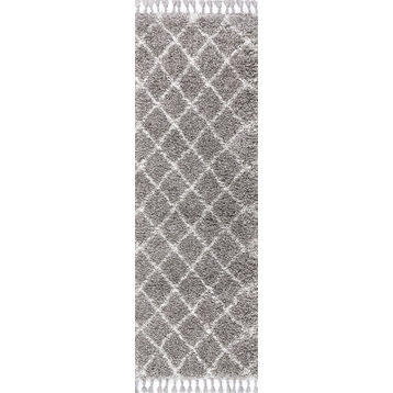 Mercer Shag Plush Tassel Moroccan Geometric Trellis Area Rug, Grey/Cream, 2 X 8