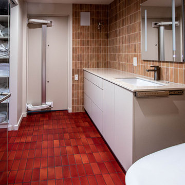 Mid-Century Modern Masterbath with Tiled Shower, Bedroom Shelving, Loft, Closet