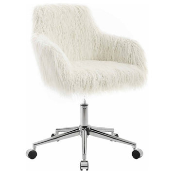 Linon Fiona Faux Fur Upholstered Office Chair Silver Base Wheels in Off White