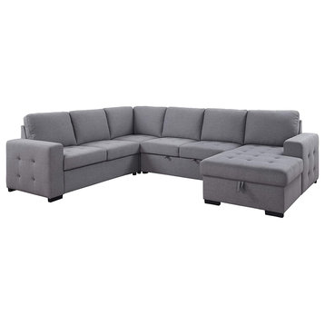 Sleeper Sectional Sofa, Tufted Loose Seat With Track Arms & Tight Back, Grey