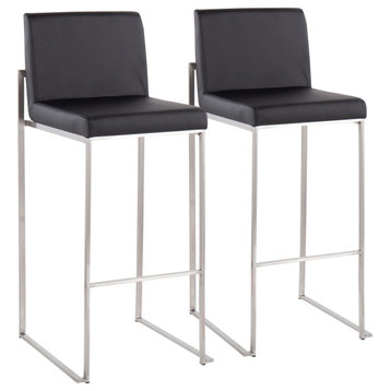 Fuji High Back Barstool, Stainless Steel/Black Faux Leather, Set of 2