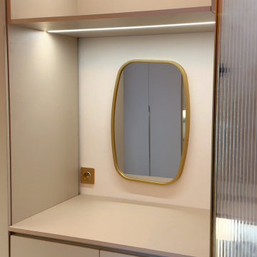 Built-In Gold Frame Makeup Vanity Nook with LED Strip Lighting