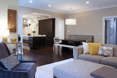 Inspiration for a mid-sized transitional open concept dark wood floor living room remodel in Chicago with beige walls