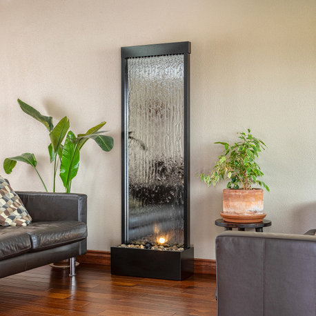 72" Tall Mirror Zen Waterfall Fountain with Stones and Lights, Silver
