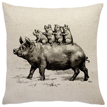 Pig Family Linen Throw Pillow