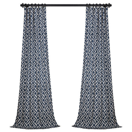 Martinique Blue Printed Cotton Curtain Single Panel, 50"x84"