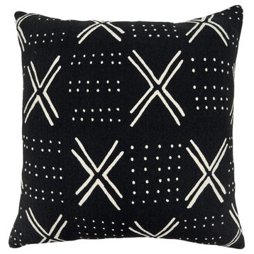 Down Filled Throw Pillow With Dark Mudcloth Design, 22"x22", Black