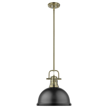 Duncan 1 Light Pendant, Rod in Aged Brass with a Matte Black Shade