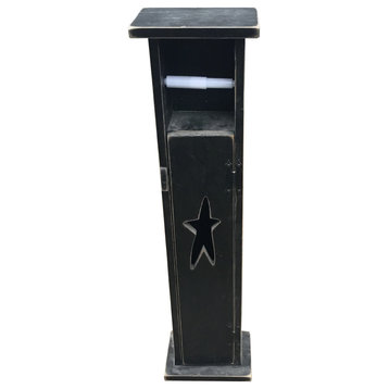 Primitive Pine Toilet Paper Holder Storage Stand With Rustic Star Cut Out, Black