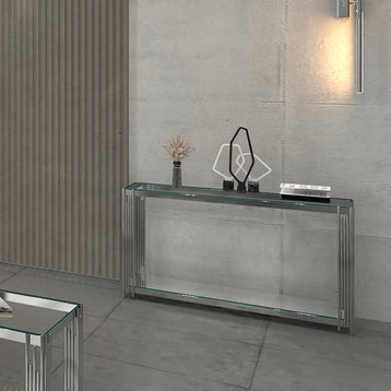 Contemporary Metal and Glass Console Table, Silver
