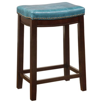Linon Claridge 26" Wood Backless Counter Stool Blue Faux Leather in Dark Brown