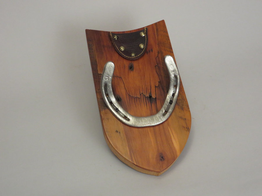 #R15034 Coat Rack Reclaimed Ambrosia Maple, horseshoes, leather.