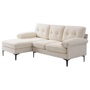 Reversible Sectional Sofa, Metal Legs With Chenille Seat & Pillow Arms, White