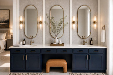 Inspiration for a large contemporary master stone tile porcelain tile and beige floor bathroom remodel in Denver with recessed-panel cabinets, blue cabinets, a two-piece toilet, beige walls, an integrated sink, quartzite countertops, a hinged shower door and a built-in vanity