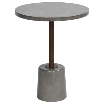 Round Accent Side Table With Concrete Pedestal Base, Gray, Bronze Finish