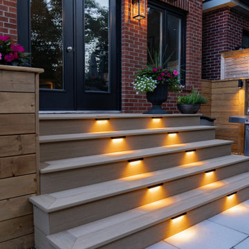 Modern Cedar Pergola, Porcelain Patio & Outdoor Lighting Backyard Renovation